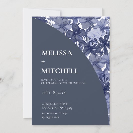 結婚のアーチ水彩ネイビーブルーフローラ 招待状 (正面)