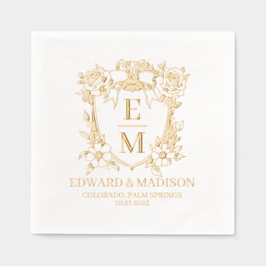結婚のイニシャルとヴィンテージフローラクレスト 箔ナプキン (正面)