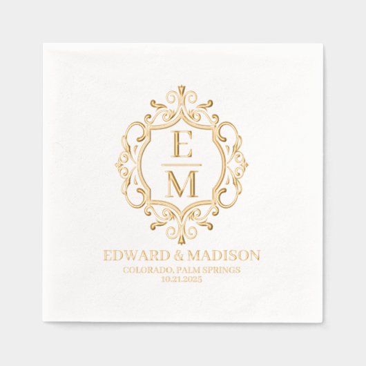 結婚のイニシャル&フローラクレストフォイルナップ 箔ナプキン (正面)