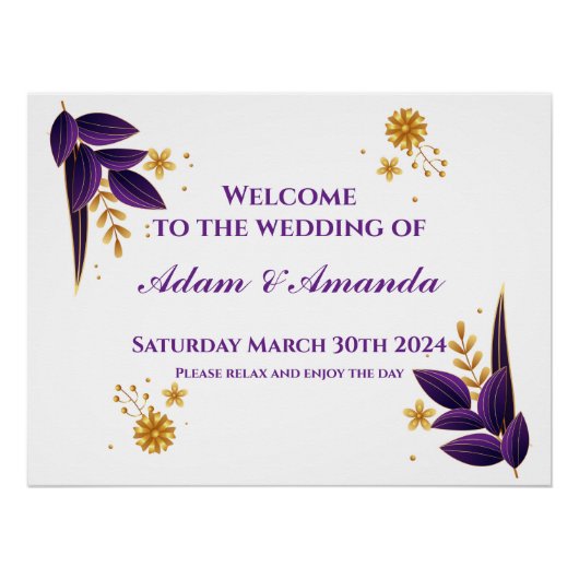 結婚のウェルカムサイン – 紫と金ゴールドフローラ ポスター (正面)
