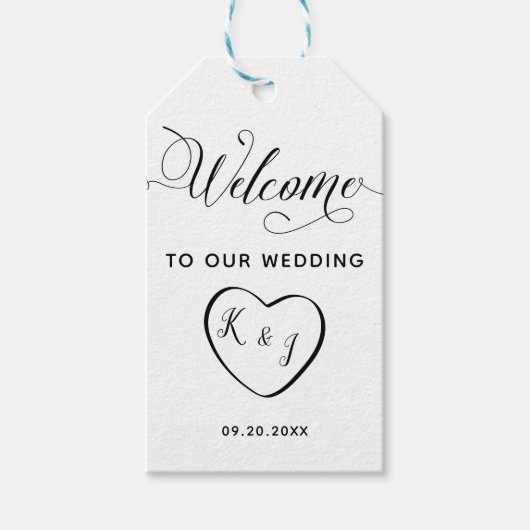 結婚のウェルカムバッグギフトラベル、クラフト&ブラックハート ギフトタグ (正面)