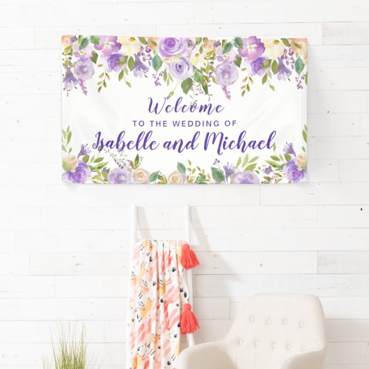 結婚のウェルカムパープルとアイボリーフローラの水色 横断幕 (インサイチュ)