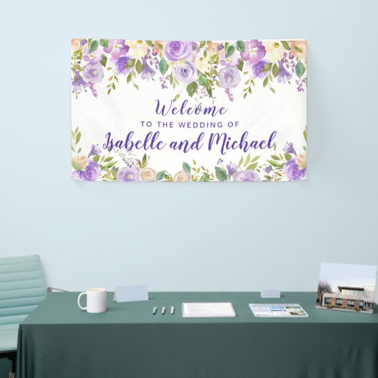 結婚のウェルカムパープルとアイボリーフローラの水色 横断幕 (トレードショー)