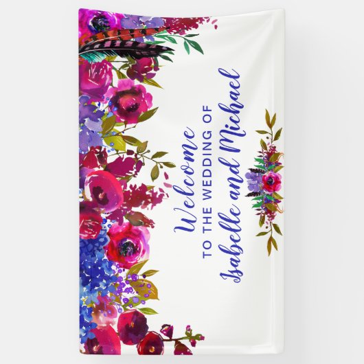 結婚のウェルカムパープルとレッドウォーターの色フローラ 横断幕 (縦)