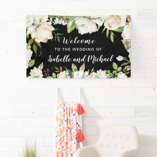 結婚のウェルカムブラックとホワイトウォーターのカラーフローラ 横断幕 (インサイチュ)