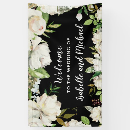 結婚のウェルカムブラックとホワイトウォーターのカラーフローラ 横断幕 (縦)