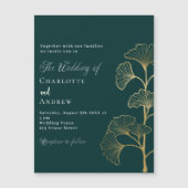 結婚のエメラルドグリーンイチョウ葉金ゴールド贅沢 マグネット招待状 (正面)