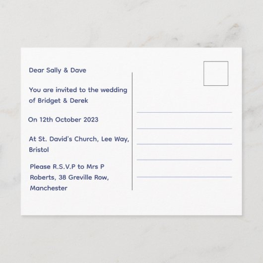 結婚のエレガント孔雀の青と白カスタマイズ インビテーションポストカード (裏面)