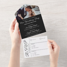 結婚のエレガント抱擁 – 白い蘭 – 写真 オールインワン招待状