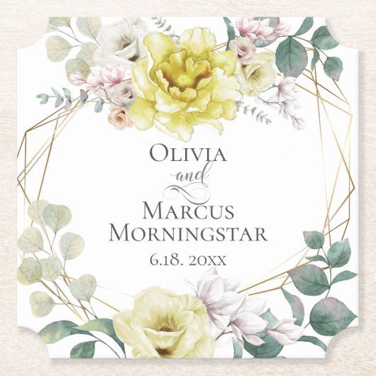 結婚のエレガント陽気な黄色い牡丹の花 ペーパーコースター (正面)