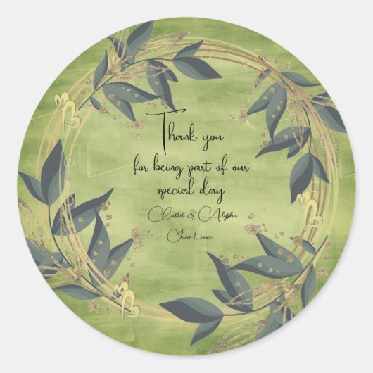 結婚のオリーブリースシパーソナライズされたステッカー ラウンドシール (正面)