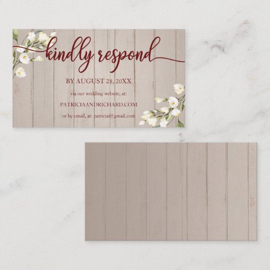 結婚のオンラインRSVPホワイトフローラ素朴ウッドエンクロ エンクロージャーカード (正面/裏面)