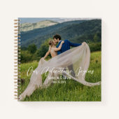 結婚のカスタム写真、エレガント金ゴールド、白のスクリプト ノートブック (正面)