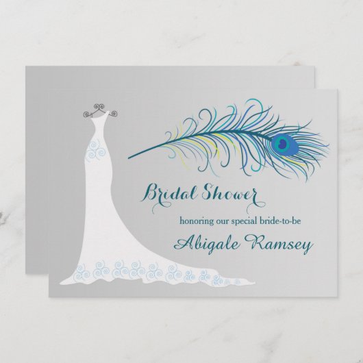 結婚のガウン、クジャク羽根ブライダルシャワー招待状 招待状 (正面/裏面)
