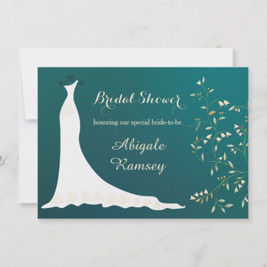 結婚のガウン、花オンティール(緑がかった色)ブライダルシャワー 招待状 (正面)