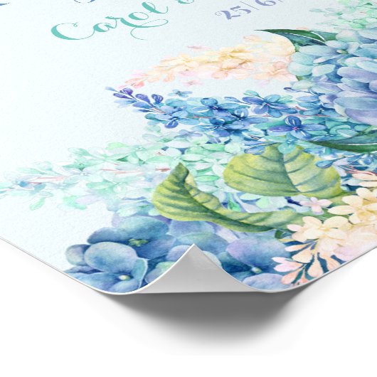 結婚のギフトテーブルの看板ウォーターカラーブルーアジサイ ポスター (角)