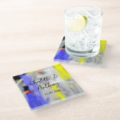 結婚のクリエイティブ抽象芸術アートブルーイエローホワイト ガラスコースター (アングル)