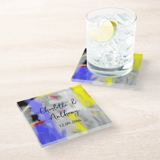 結婚のクリエイティブ抽象芸術アートブルーイエローホワイト ガラスコースター (アングル)