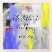 結婚のクリエイティブ抽象芸術アートブルーイエローホワイト ガラスコースター (正面)