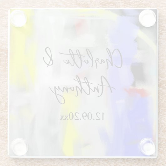 結婚のクリエイティブ抽象芸術アートブルーイエローホワイト ガラスコースター (裏面)