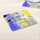 結婚のクリエイティブ抽象芸術アートブルーイエローホワイト スクエアペーパーコースター (アングル)