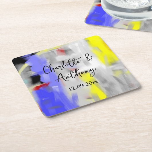 結婚のクリエイティブ抽象芸術アートブルーイエローホワイト スクエアペーパーコースター (アングル)