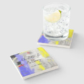 結婚のクリエイティブ抽象芸術アートブルーイエローホワイト ストーンコースター (横)