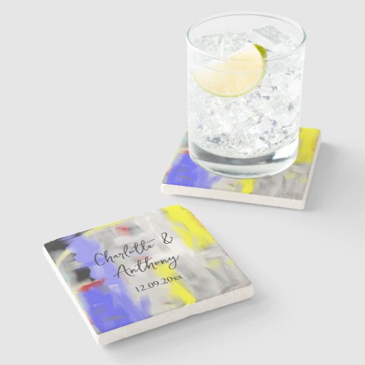 結婚のクリエイティブ抽象芸術アートブルーイエローホワイト ストーンコースター (横)