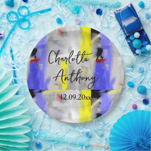 結婚のクリエイティブ抽象芸術アートブルーイエローホワイト ペーパープレート (パーティー)