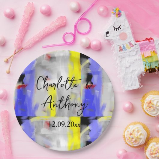 結婚のクリエイティブ抽象芸術アートブルーイエローホワイト ペーパープレート (パーティー)