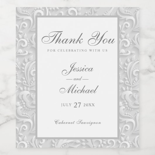 結婚のグエレガントレーホワイト3Dデザイン ワインラベル (シングルラベル)