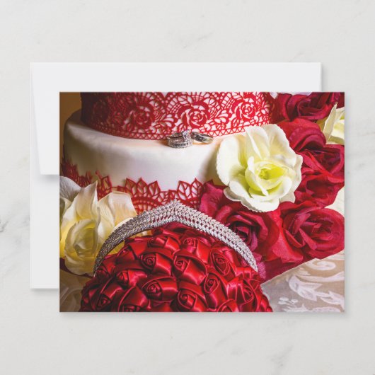 結婚のケーキとブーケ&リングや輪 招待状 (正面)