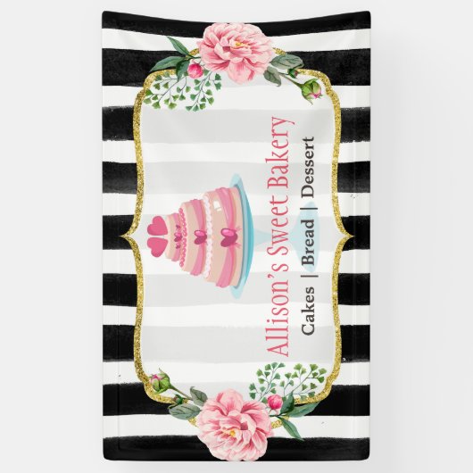 結婚のケーキデザイナー金ゴールドピンクフローラストライプの 横断幕 (縦)