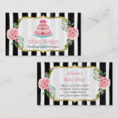 結婚のケーキデザイン金ゴールドピンクフローラストライプの 名刺 (正面/裏面)