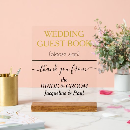 結婚のゲストブック金ゴールドのホワイトネーム アクリルサイン (ウェディング)