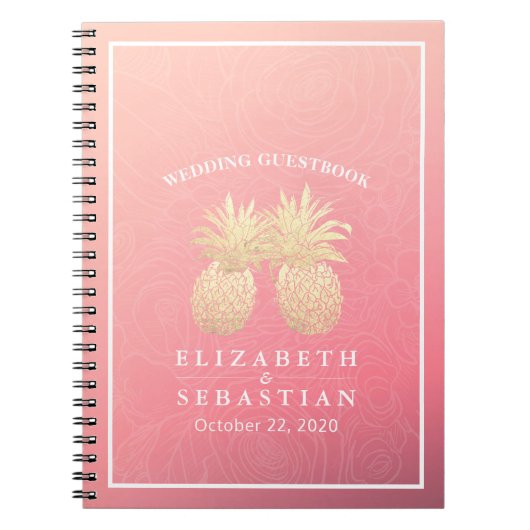 結婚のゲストブック金ゴールドパイナップルカップルピンクのバラ ノートブック (正面)