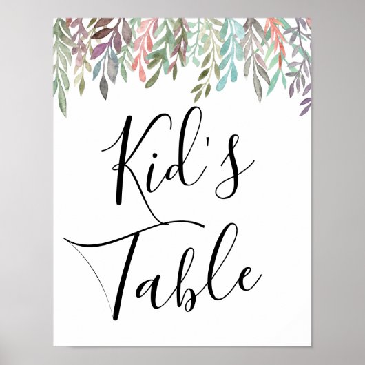 結婚のサイン – Kid's Table Water color Greenery ポスター (正面)