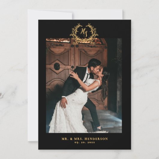 結婚のサンキューカード植物黒金ゴールド写真 サンキューカード (正面)