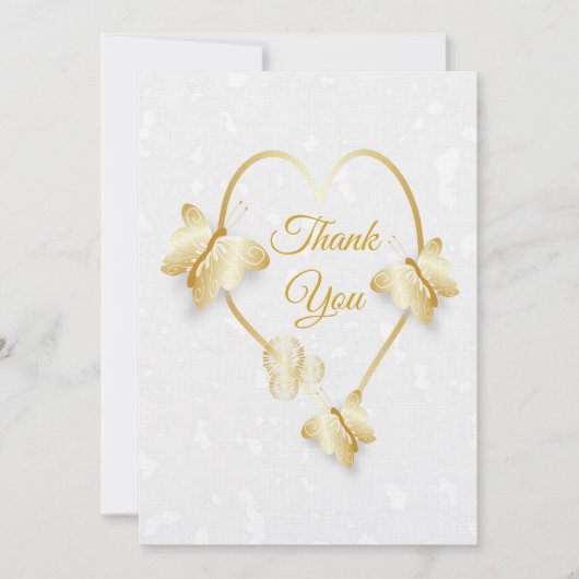 結婚のサンキューカード金ゴールドカラーハート蝶 招待状 (正面)