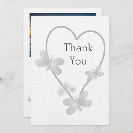 結婚のサンキューカード銀ハート蝶 招待状 (正面/裏面)