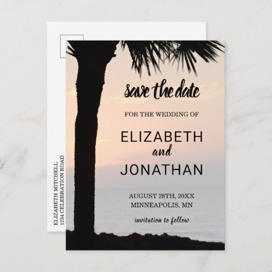 結婚のサンセットとパームツリーシルエットビーチシーン 案内ポストカード (正面/裏面)