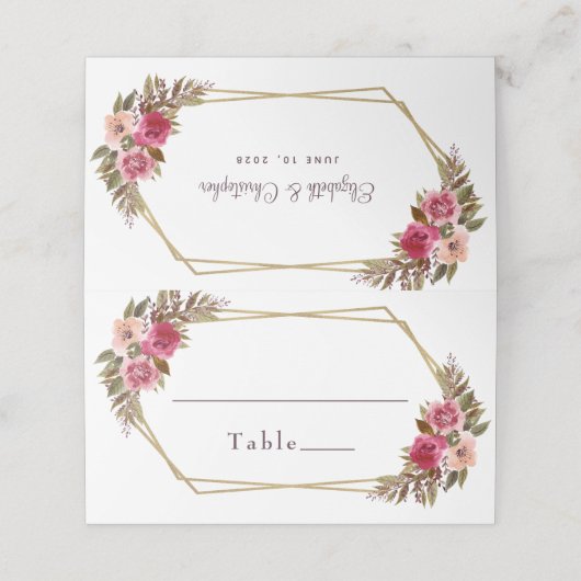結婚のシックエレガントフローラ金ゴールドフレームホワイト プレイスカード (外部開封)