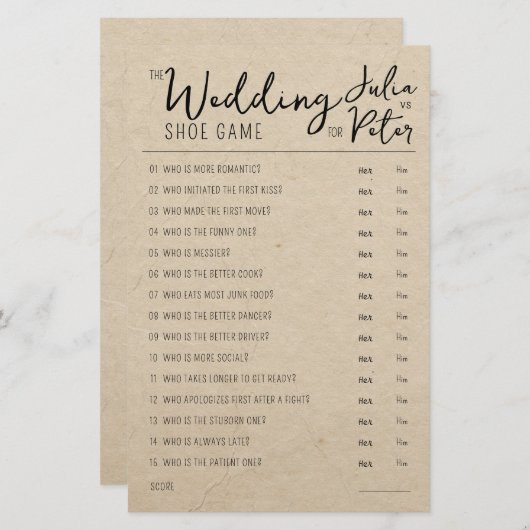 結婚のシューゲームの質問紙素朴紙 (正面/裏面)