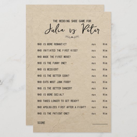 結婚のシューゲームの質問紙素朴紙 (正面/裏面)