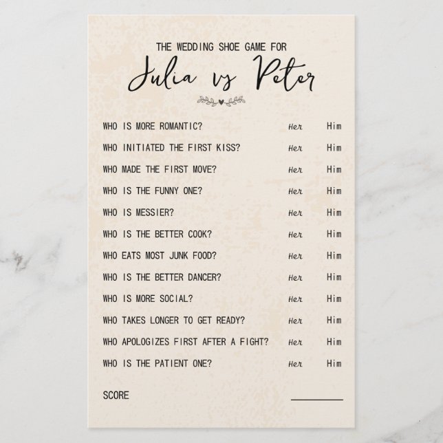 結婚のシューゲームの質問紙素朴紙 (正面)