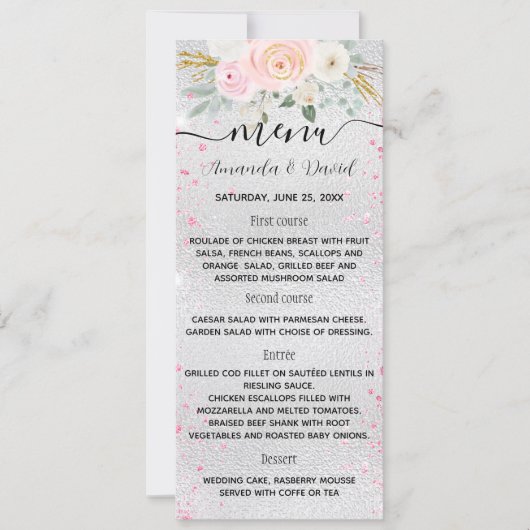 結婚のシルバーピンク花模様のメニューカード 招待状 (正面)
