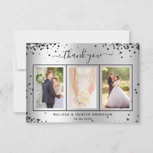 結婚のシルバーブラックグリッターフォトスクリプト サンキューカード