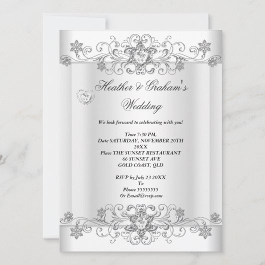 結婚のシルバーホワイトダイヤモンドハート 招待状 (裏面)