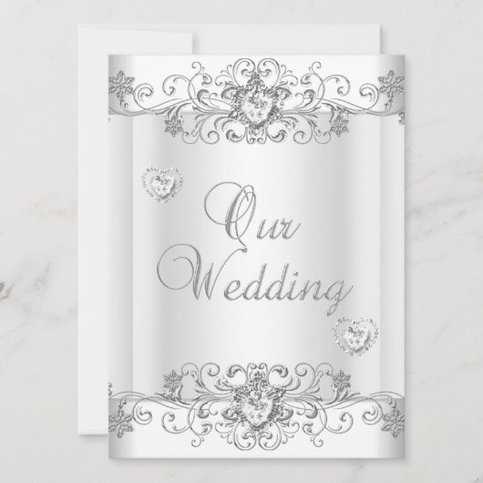 結婚のシルバーホワイトダイヤモンドハート 招待状 (正面)