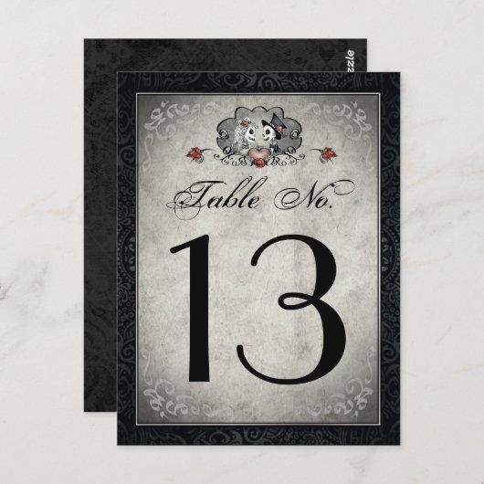 結婚のスケルトンの黒いグレーとハートのテーブル番号 ポストカード (正面/裏面)